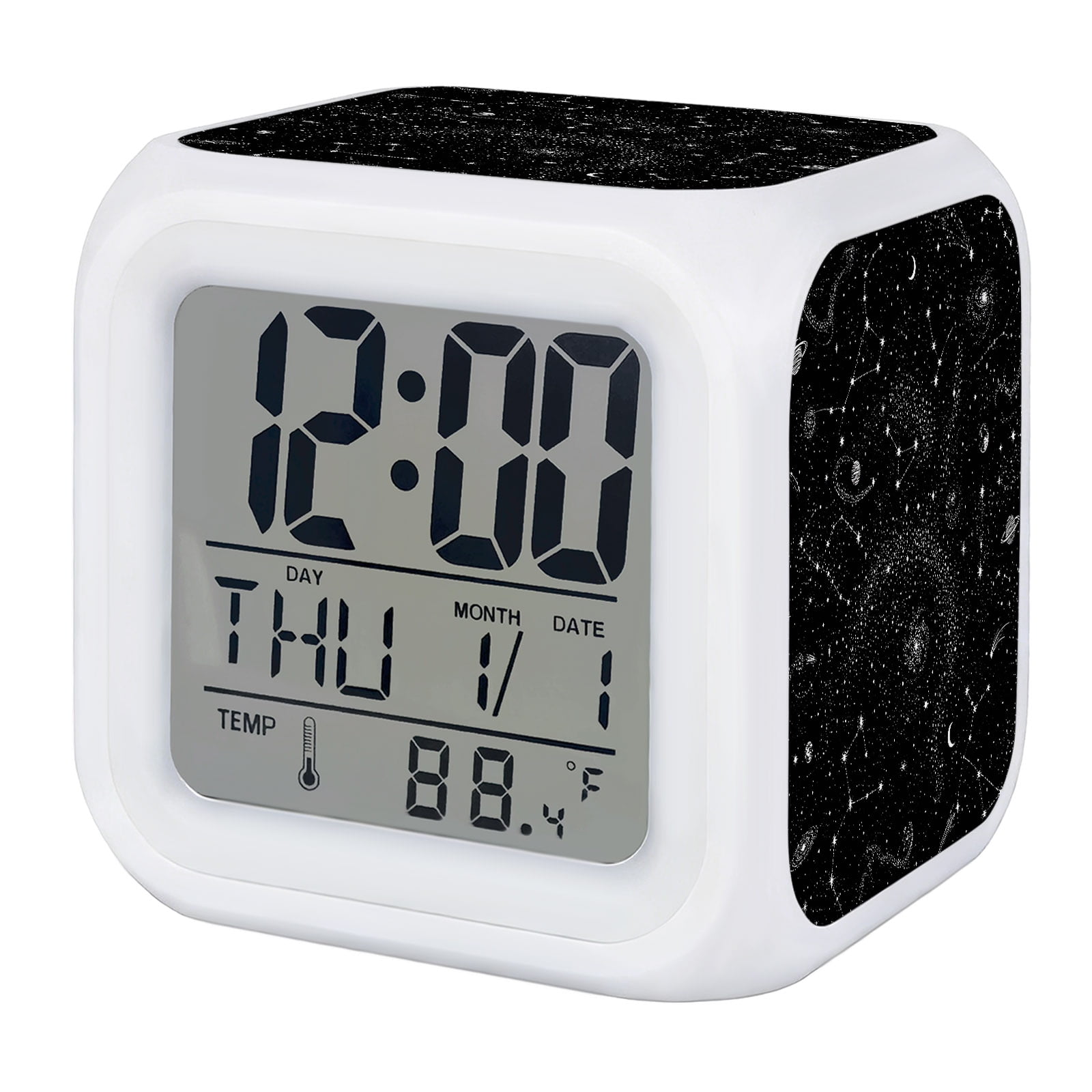 Star Constellation Alarm Clock, Modern Black White Crescent Moon Galaxy Planet Digital Clock Night Light with 7 Color, Calendar Temperature Display, LED Desk Small Clock for Bedrooms Living Room