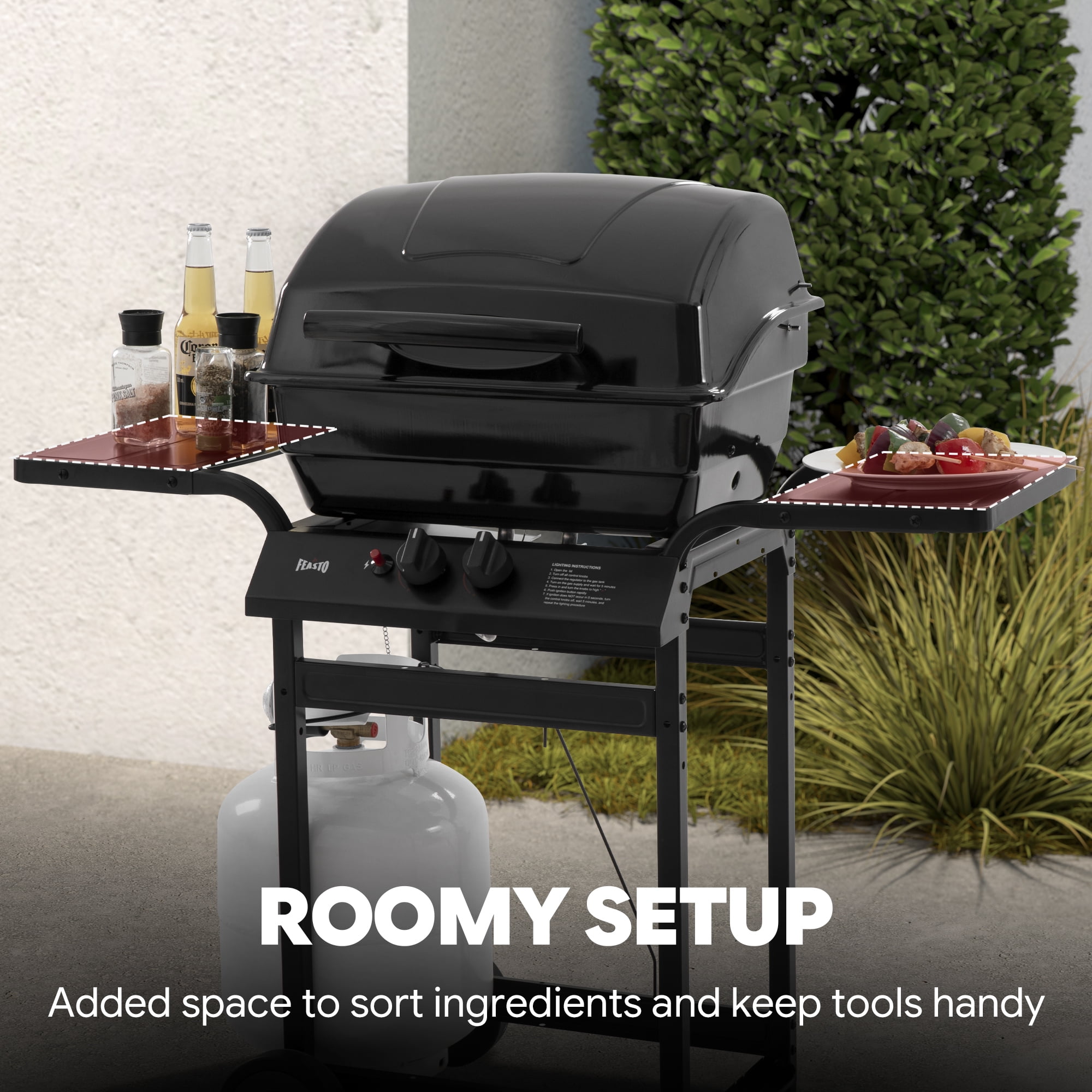 FEASTO 2-Burner Propane Grill - 26,500 BTU Compact BBQ with Side Shelves, Ideal for Balcony, Small Patio & Tailgating