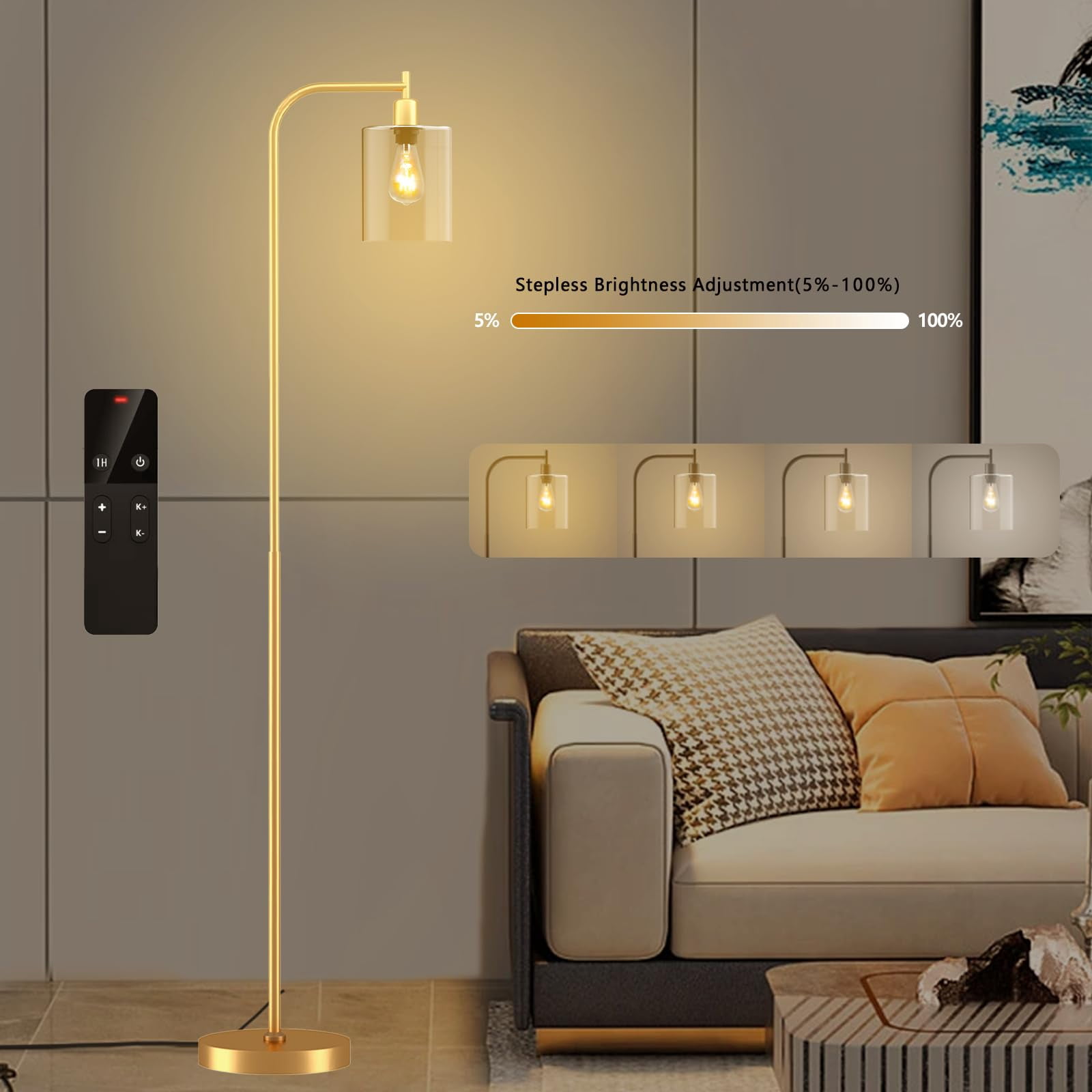 Industrial Floor Lamp With Glass Shade  Modern Dimmable Remote Led Bulbs Tall For Living Room Corner Bedroom Office (gold)