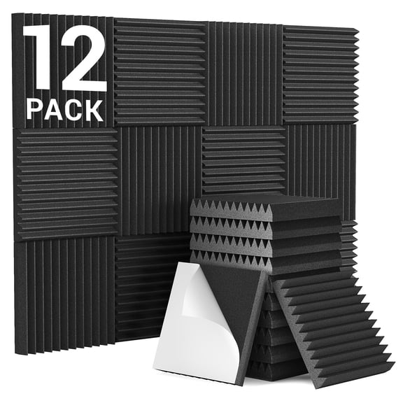 12 Pack-12 * 12 * 2 Inches Self-Adhesive Acoustic Foam Panels, TONOR 3D Pyramid Designed Sound Pannels for Absorption of Echoes, Fast Expand, Sound Absorbing Foams Suitable for Home and Studio, Black