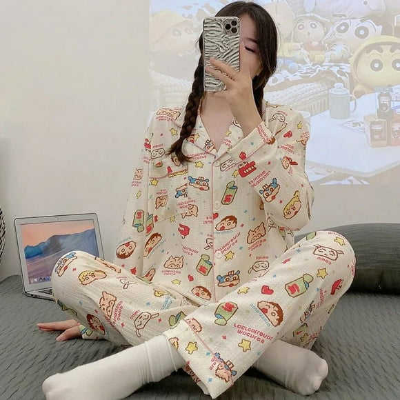 Pyjama Crayon Shin-Chan 2 pièces, dessin animé Sanrio Kuromi, pantalon à manches longues, mode Ins, ample et fin, vêtements de maison, costume pour filles Y2K