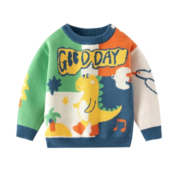 Bjutir Boy Sweater Cartoon Knitted Shoulder Button Matching Color Autumn Winter Cotton Baby Long Sleeve Crew Neck Cute Print Boys Sweaters,Green,18-24 Months