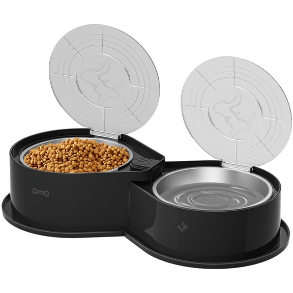 Stainless steel dog bowl set with lids, 304 metal dual and water bowls for dogs and cats, foldable pet feeder with coer keeps fresh, s dog dish for small medium large pets, black