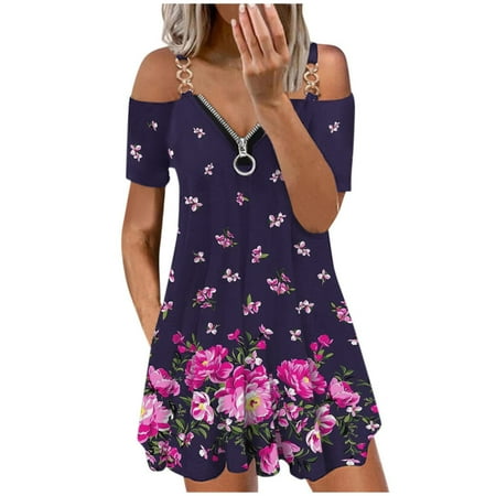 

Juebong Off The Shoulder Dress for Women Sexy Zip Up V Neck Short Sleeve Mini Dresses Loose Ruched Flowy Beach Sundress