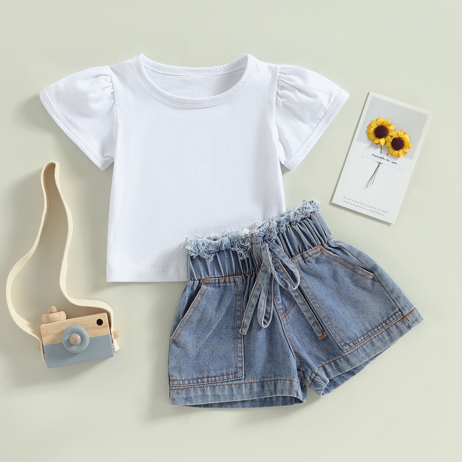 2pcs Toddler Girl Bowknot Design Short-sleeve White Tee and Ripped Denim Shorts Set