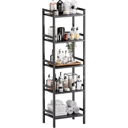 5 Tier Narrow Bookshelf Bamboo Bookcase Slim Tall Storage Rack Free Standing Shelving Unit with Adjustable Shelves for Living Room Bedroom Bathroom
