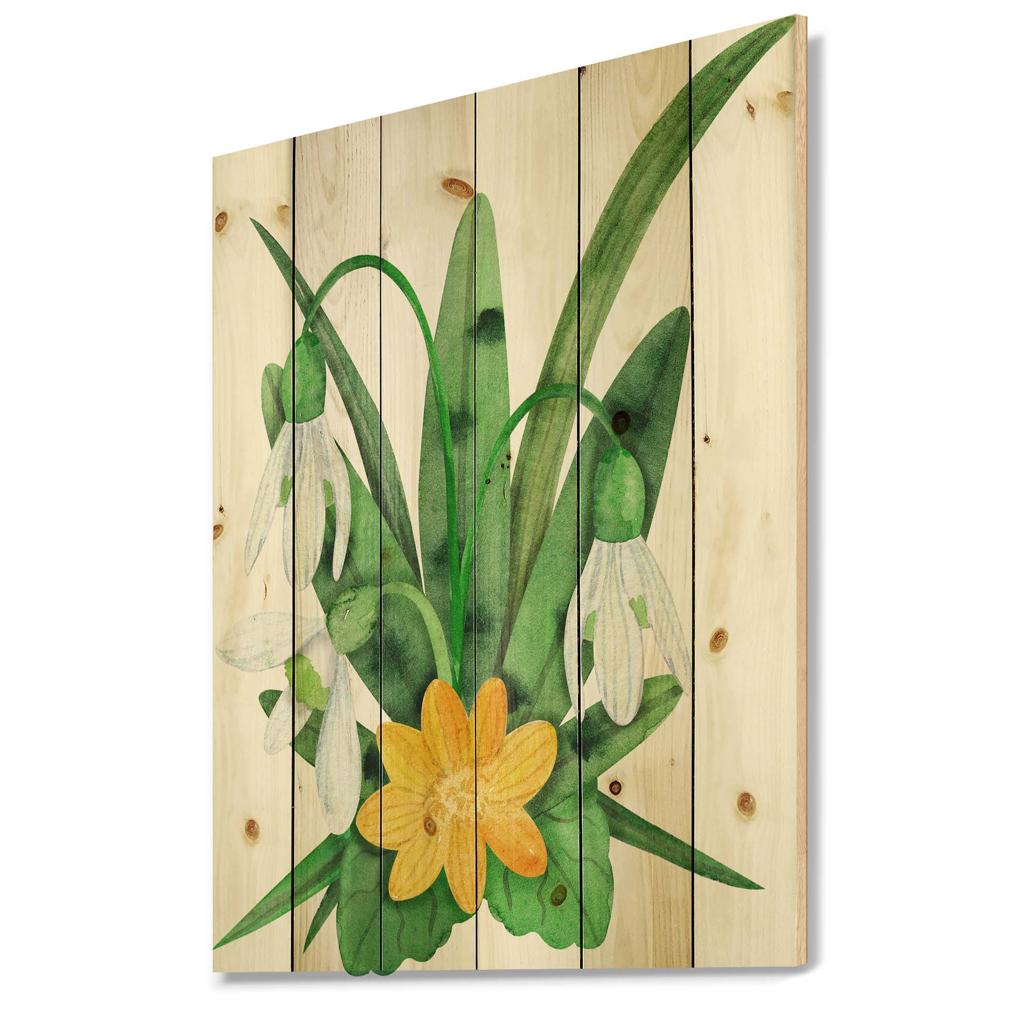 Designart 'Snowdrops and Yellow Erantis VIntage Flowers' Traditional Print on Natural Pine Wood