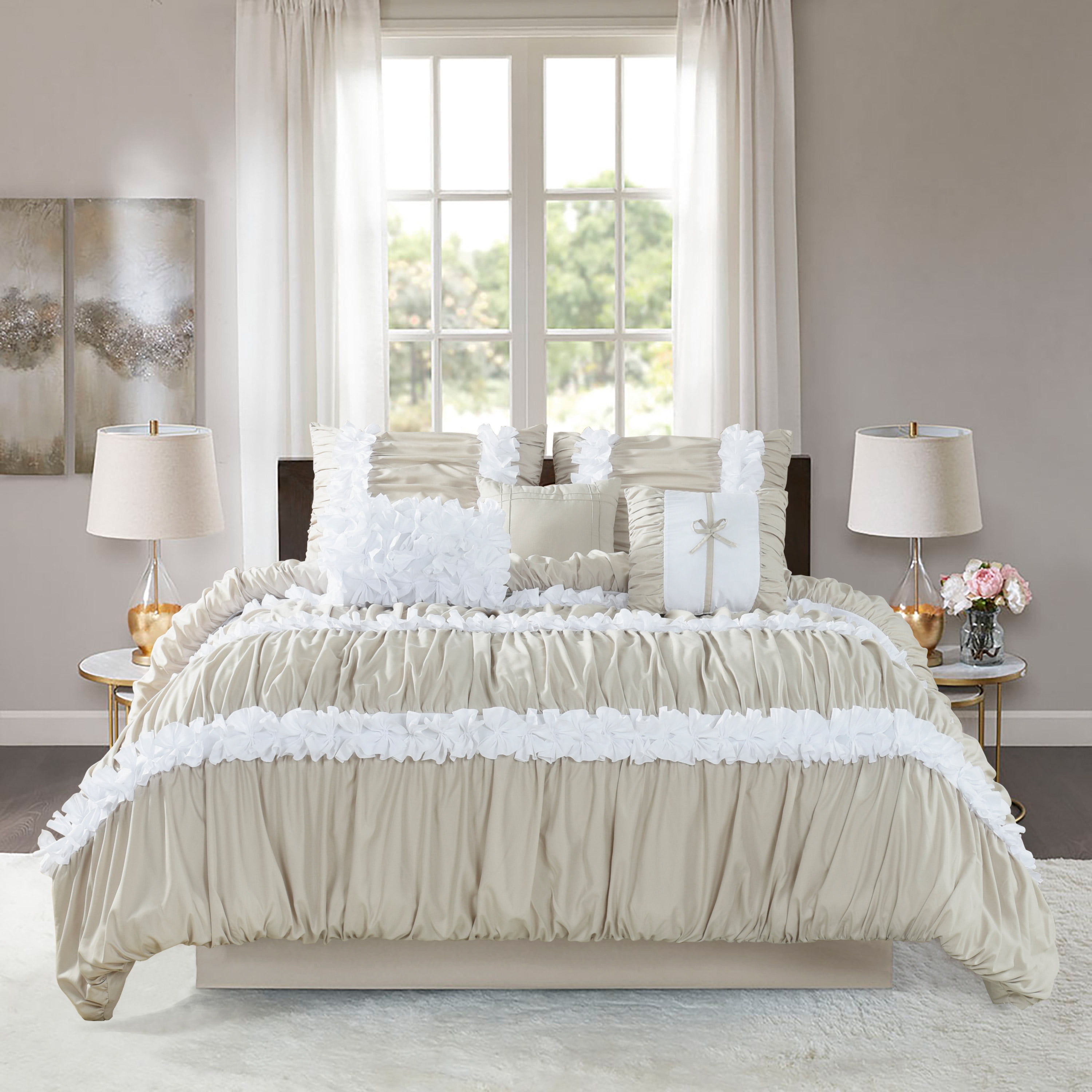 HIG 7 Piece Ruched Pleat Comforter Set Camel and White Romantic Bed in