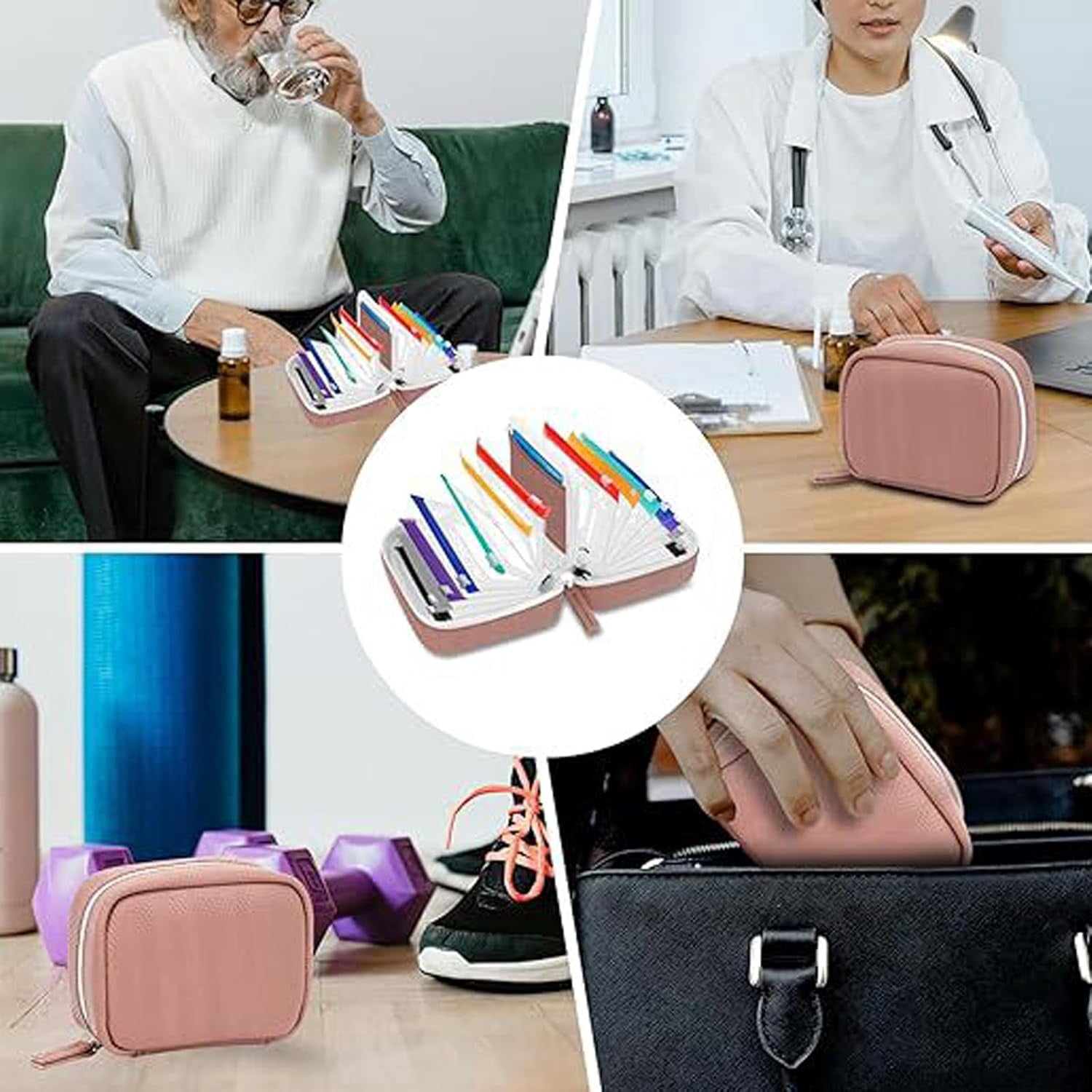 JEBTBFZE Waterproof Pill Organizer Set, Pill Pouches for Travel, with 14 Color-Pill Pouches, 7–14 Day Travel Pill Organizer, Portable Reusable Binder Design Zippered Pill Storage  (Pink)