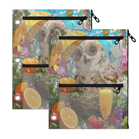2 Pack 3-Ring Binder Pencil Pouch with Clear PVC Windows Vacation Owl Large Capacity Stationery Bag for Classroom Office Supplies