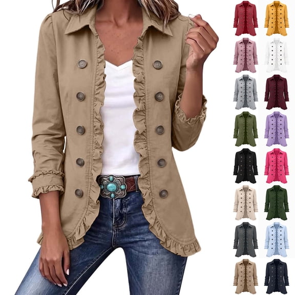 Fanshiluo Women Ruffled Lapel Button Down Jacket, Long Sleeve Solid Casual Slim Outerwear with Ruffle Trim,Size S-3XL