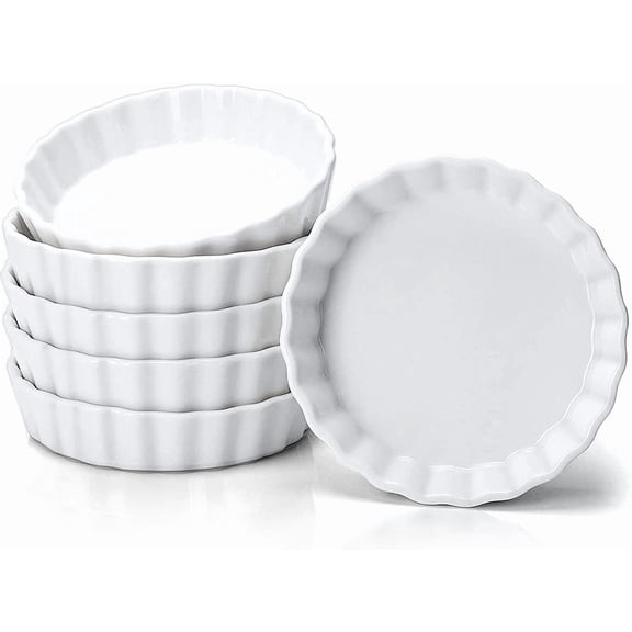8 Oz Creme Brulee Ramekins, Porcelain Ramekins Oven Safe, Round Tart Pan Mini Fluted Quiche Dishes, Set of 6, White