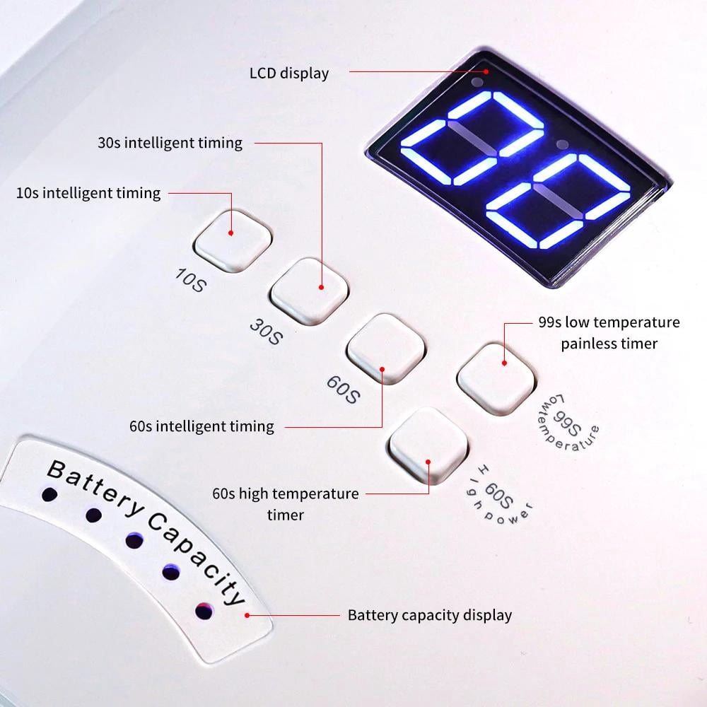 48W Cordless LED UV Nail Lamp Gel Polish Dryer Rechargeable Fast Curing Nail Lamp Wavelength 365nm 405nm 610nm 5–7 hours per charge Input Voltage: 100–240V Output Voltage: 110–120V, 60Hz Charging Tim