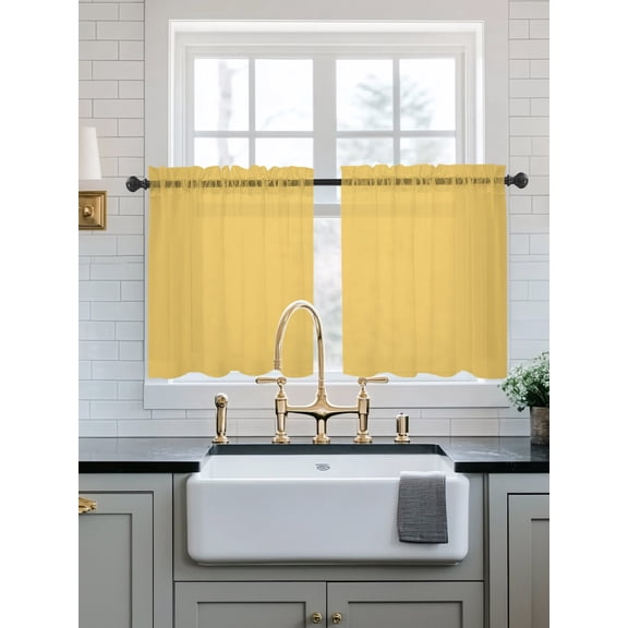 Pure Yellow Sheer Kitchen Tier Curtains 24 Inch length, Rod Pocket Half Curtains Short Drapes, Simple Solid Color Light Filtering Chiffon Small Window Treatments 2 Panels 27.5"W x 24"L