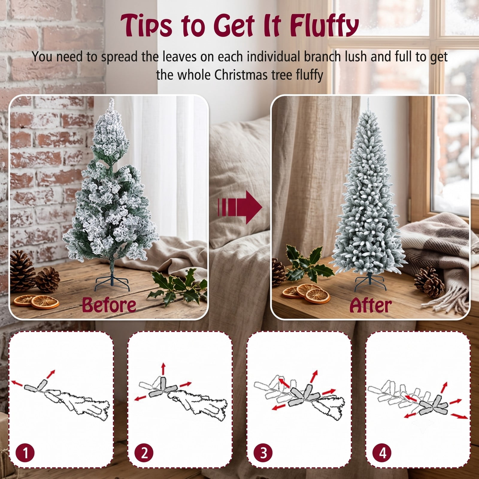 RUIE 7.5 ft Snow-Flocked Hinged Artificial Christmas Pencil Tree, Slim Unlit Xmas Tree with 1189 Mixed Tips and Metal Stand for Holiday Home Office Party, White
