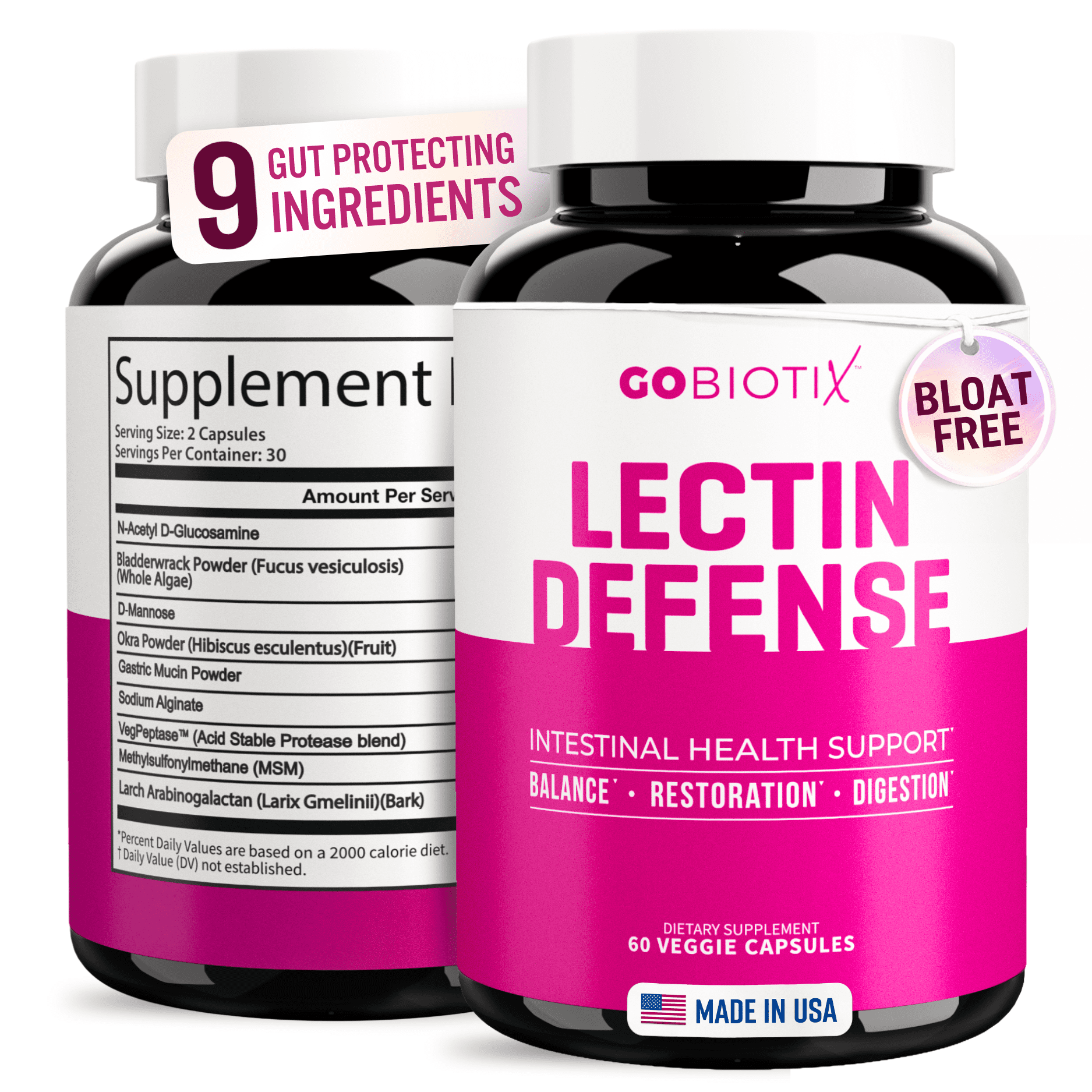 GoBiotix Lectin Defense Supplement for Intestinal Health, Bloating, and Immune Support, 60 Capsules
