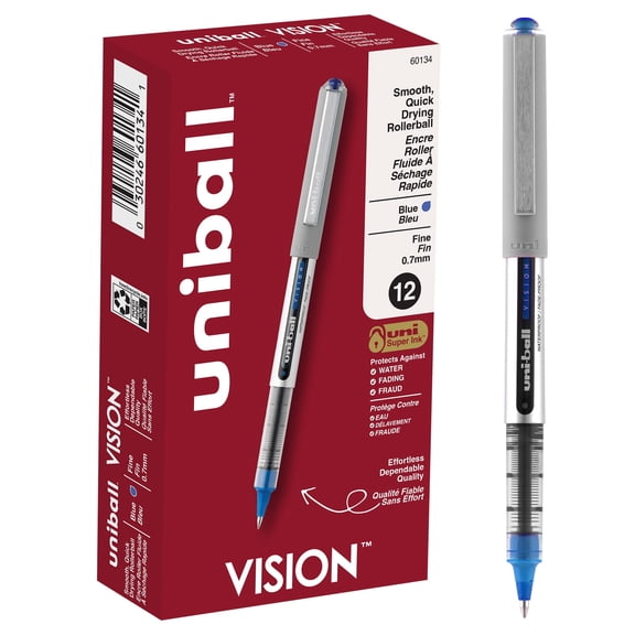 uniball Vision Rollerball Pens, Fine Point (0.7mm), Blue Ink, 12 Count