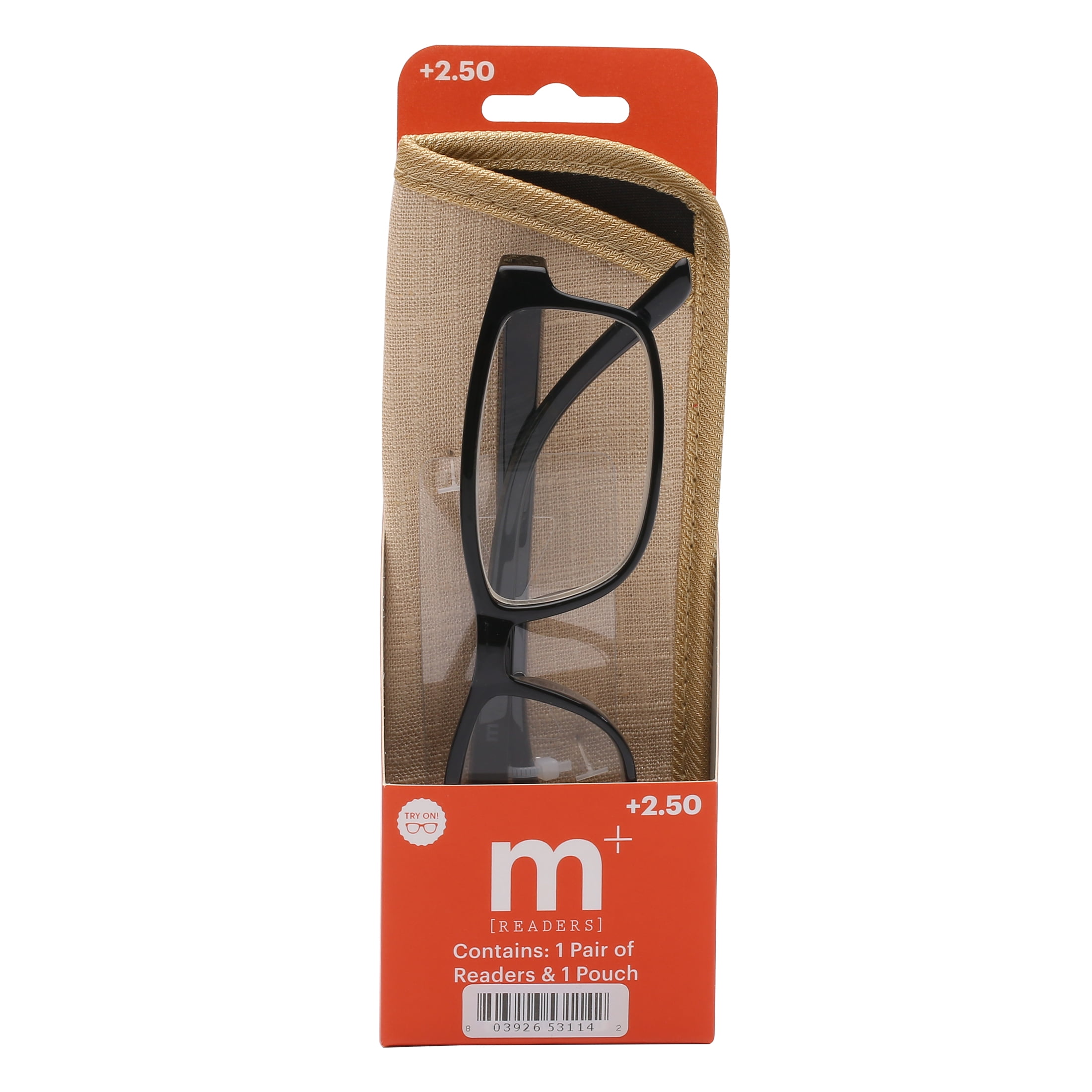 (2 pack) M+ Mens Rectangular Plastic Reading Glasses 2.50 Frazier in Classic Black