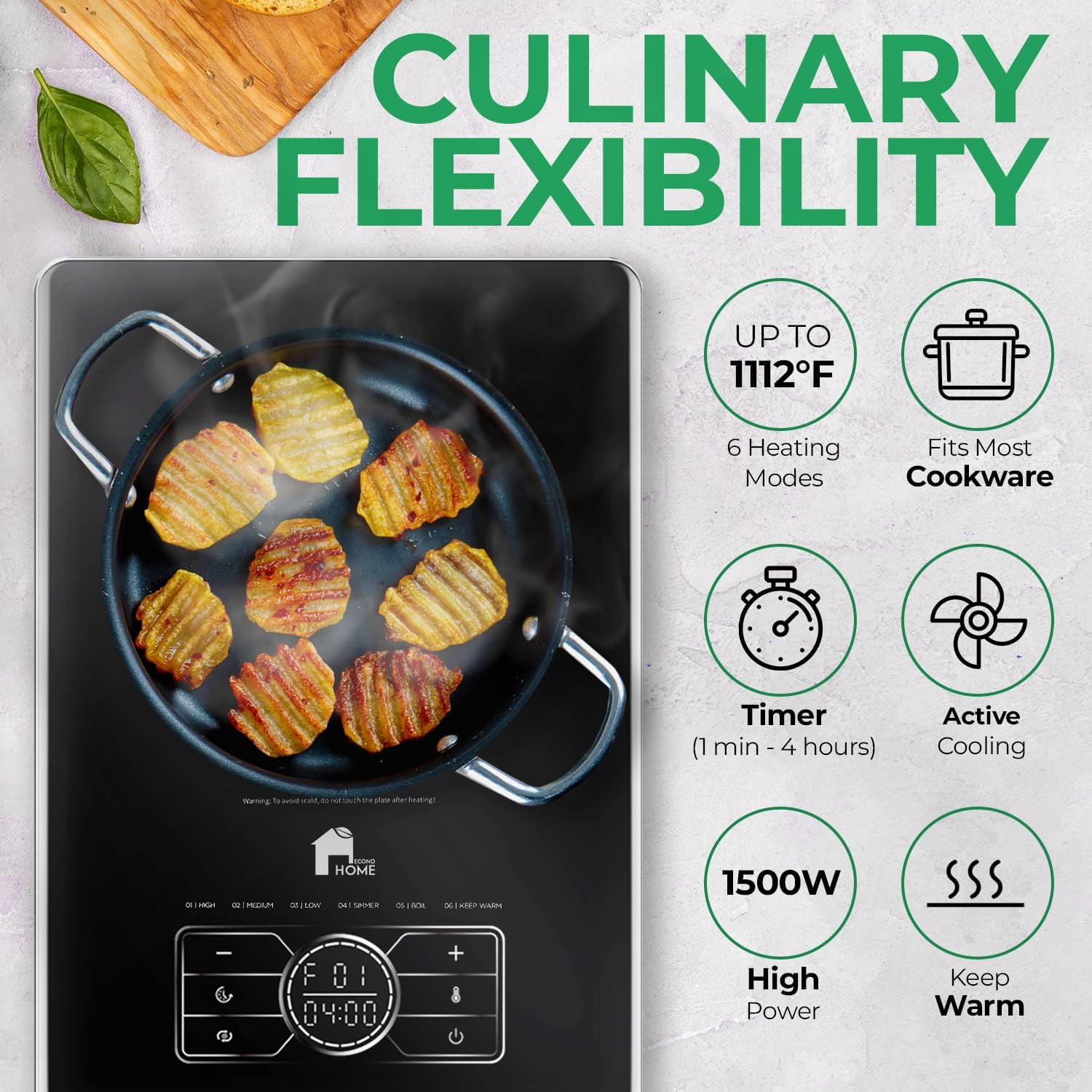 EconoHome Superconductor Portable Cooktop - Extra Thin & Portable Electric Stove for Cooking, Kitchen, Home, Apartment, Dorm - Stainless Steel, Microcrystalline Glass Burner - Adjustable Temperature