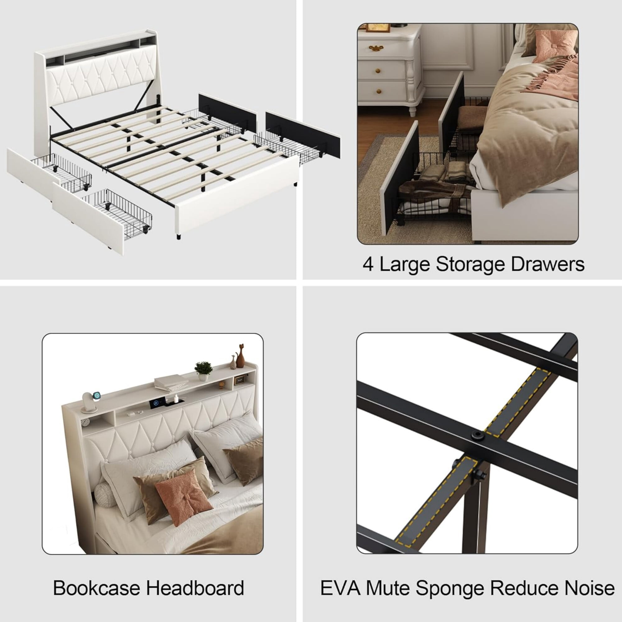 AENKYO Queen Size Bed Frame with LED Lights, Upholstered Storage Headboard & 4 Drawers, and Built-in Charging Station, Beige