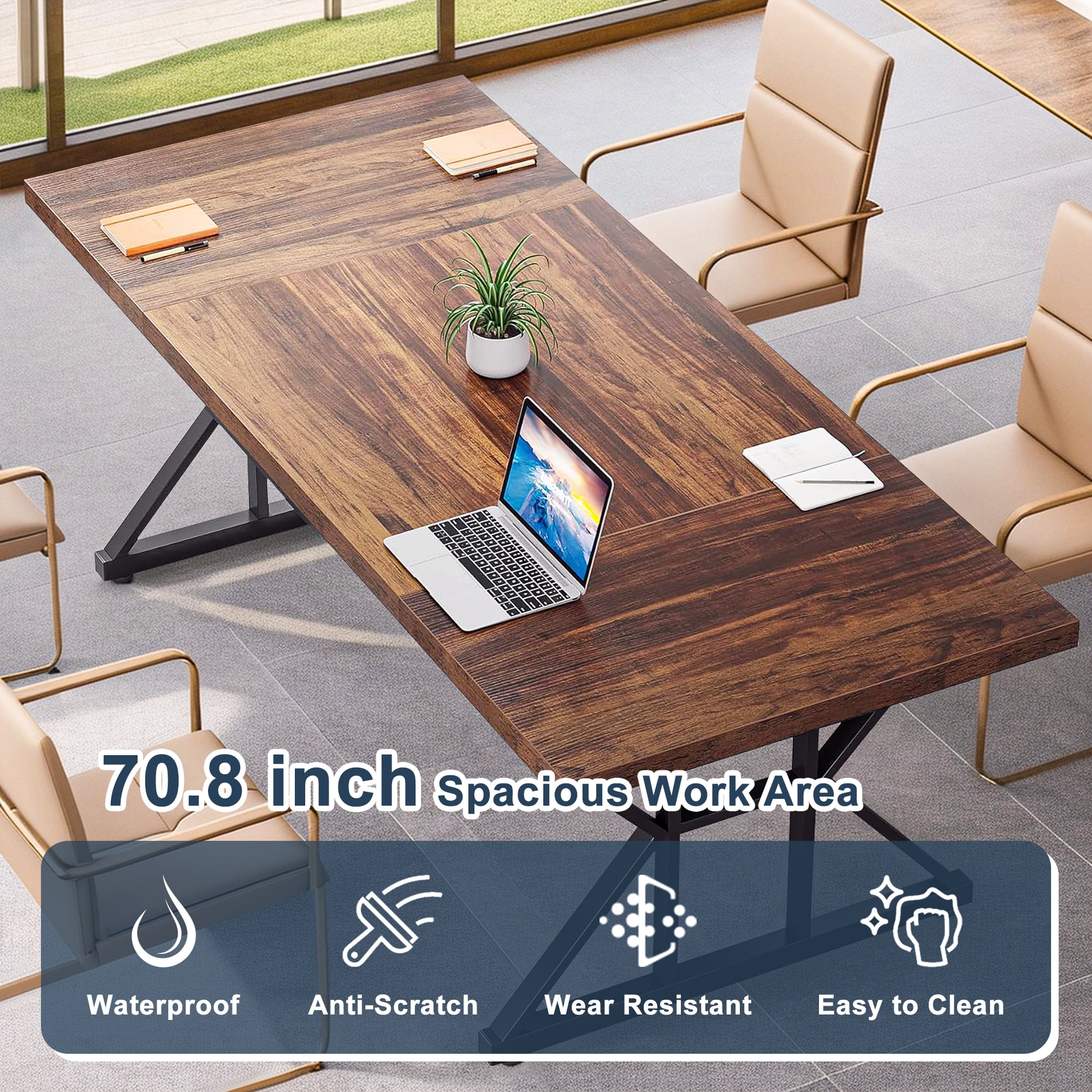 Demi Bonn 71" Farmhouse Dining Table, Wood Rustic Kitchen Table for 6 People, Large Rectangular Dinner Table for Dining Room, Home Office, Living Room Furniture, Brown & Black