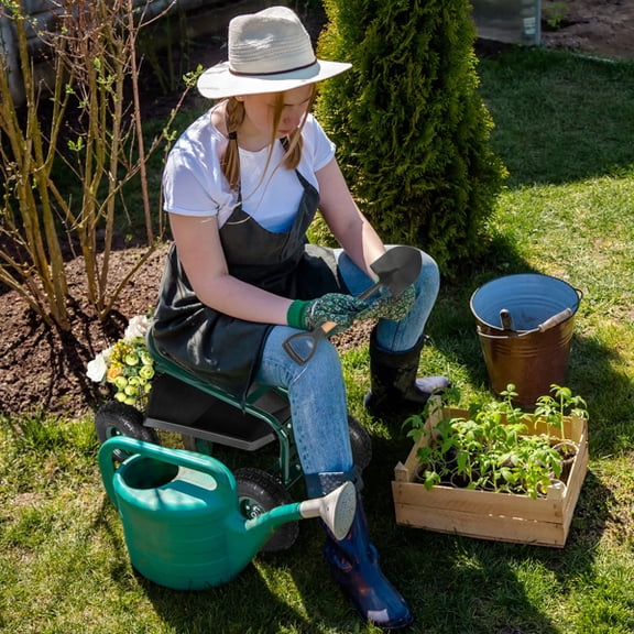 Short Handle Garden Seat Car,  Dark Green Rolling Stool with Wheels for Planting Weeding Outdoor Yard Work