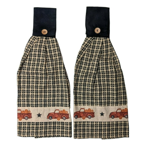 AUTUMN TRUCK Black Check Kitchen Tie Towels, Set of 2, The Country House