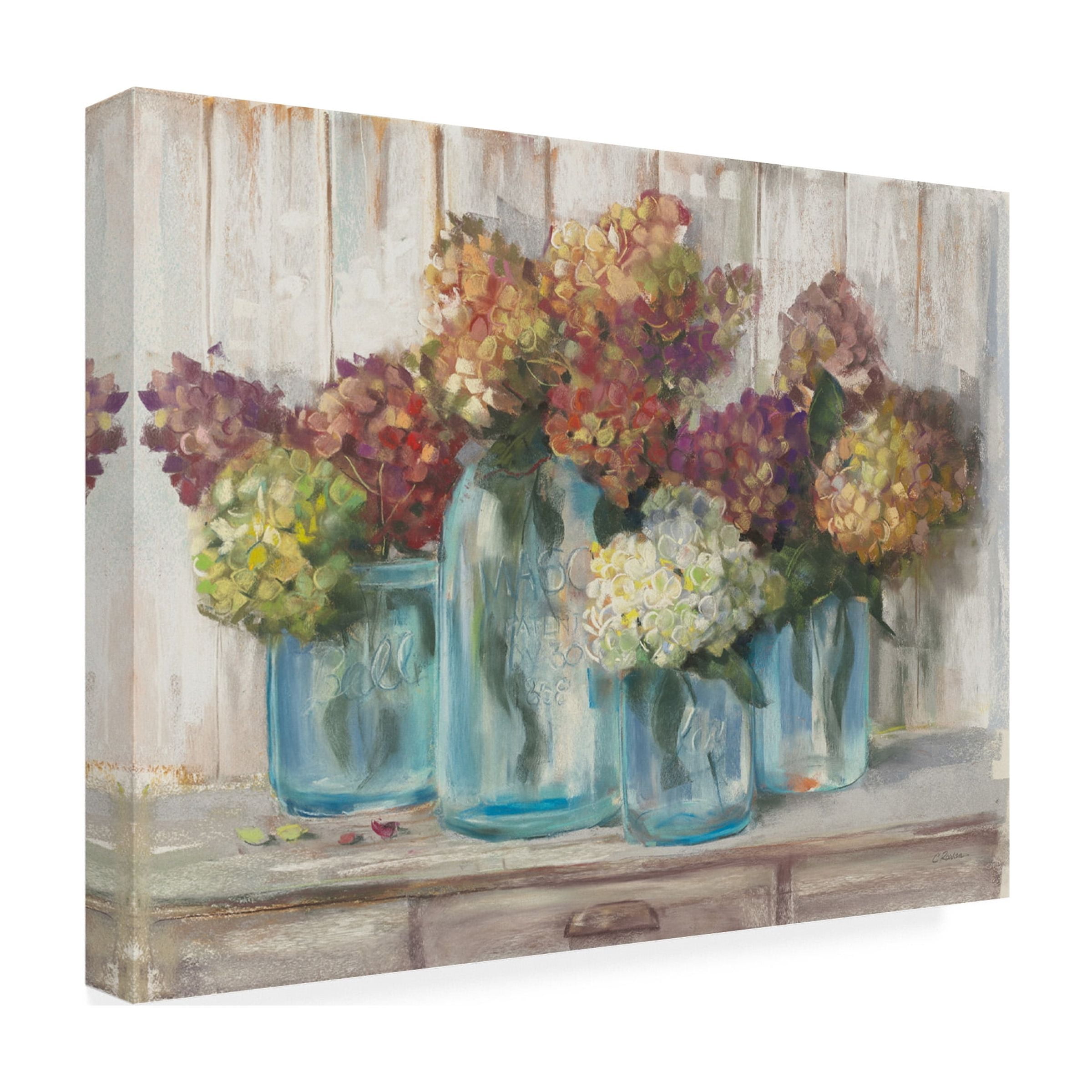 Trademark Fine Art 'Hydrangeas in Glass Jars White Wood' Canvas Art by Carol Rowan
