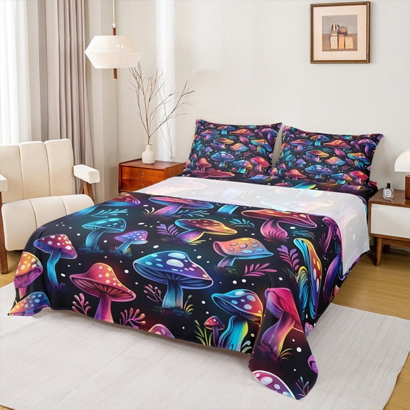 Feelyou Neon Dreamy Mushroom Bed Sheets, Jungle Plant Botanical King Sheets, Teen Boy Girl Kid Sheet Set, Luxury Bedroom Decor, 4pcs