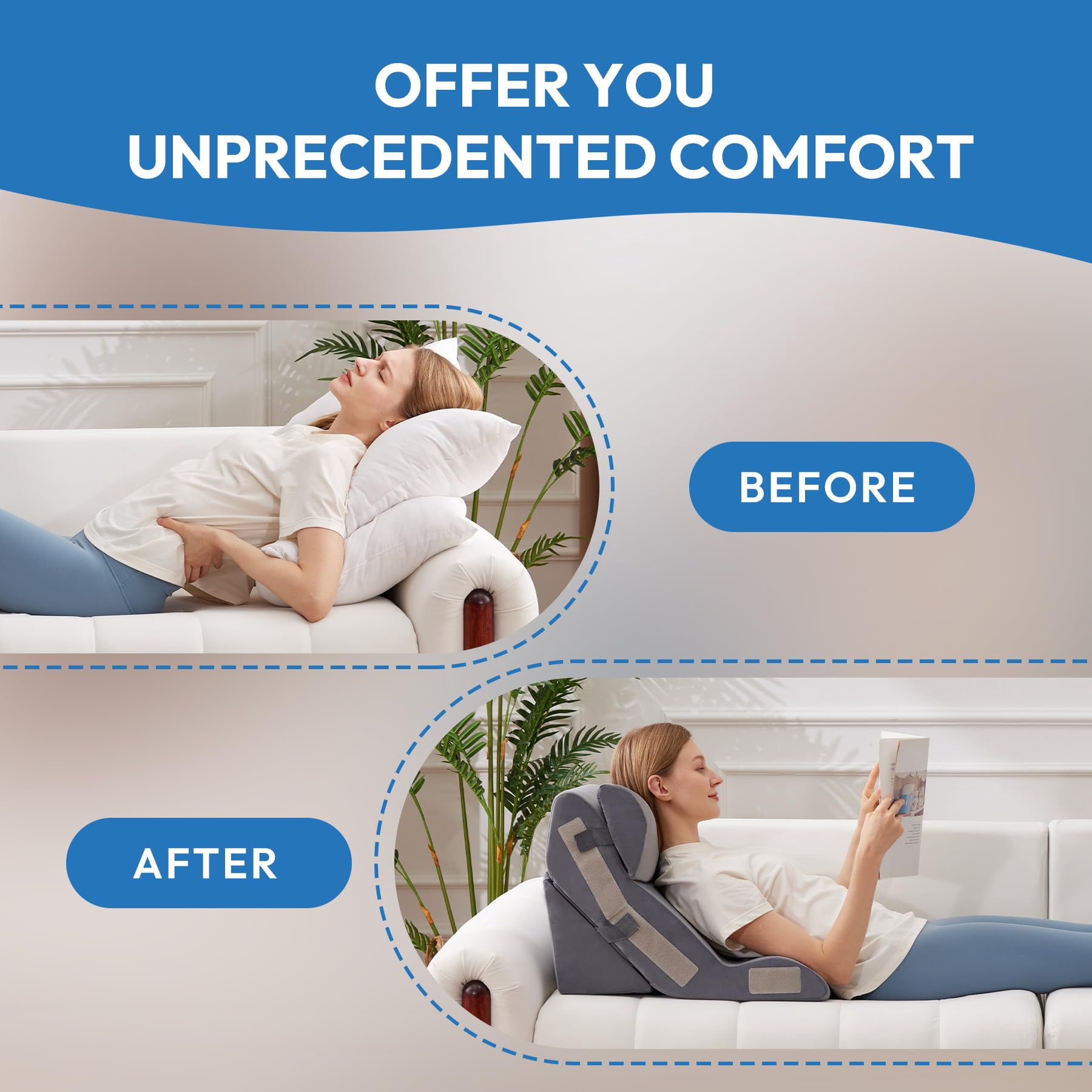 3pcs Wedge Pillow Set For After  Bed Sitting Up 10-in-1 Foam Acid Reflux & Plush Grey