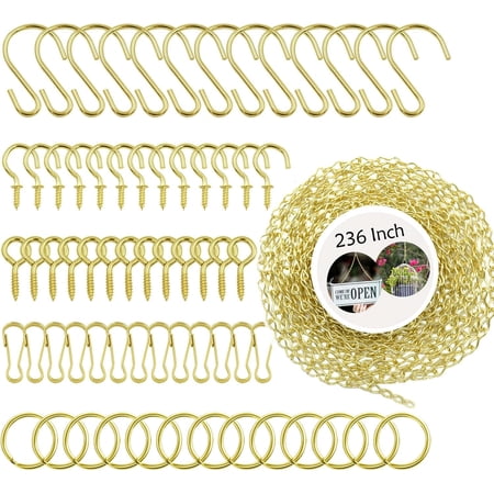 236 Inch Gold Hanging Baskets Chains - Adjustable Length, Brass Decorative Metal Chain with A Great Assortment of Hooks for Bird Feeders Planters Billboards Ornaments, DIY