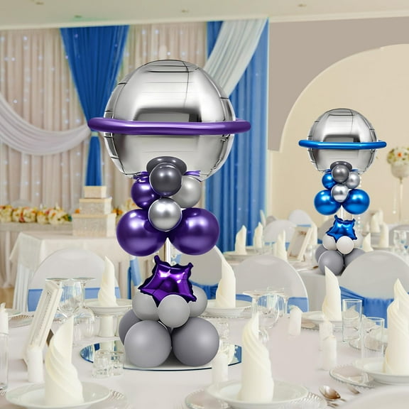 Wettarn 4 Set Outer Space Balloons KKS1 Birthday Party Table Centerpiece Space Planet Latex Balloons with Blue Purple Silver Galaxy Party Supplies Astronaut Foil Balloons for Solar System Party