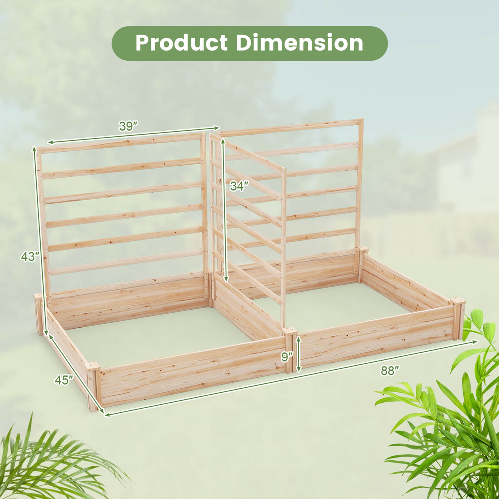 Costway Raised Garden Bed with 3 Trellises with Divided Compartments for Flowers Natural