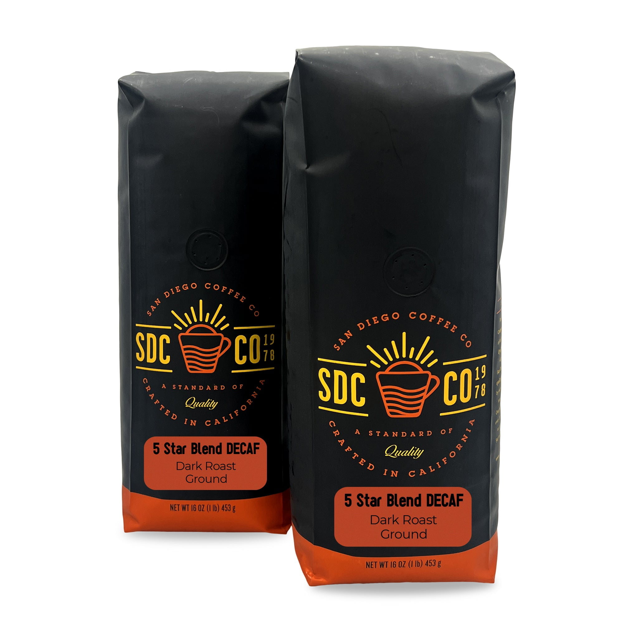 San Diego Coffee 5 Star Blend DECAF, Dark Roast, Ground Coffee, 16-Ounce Bags (Pack of 2)