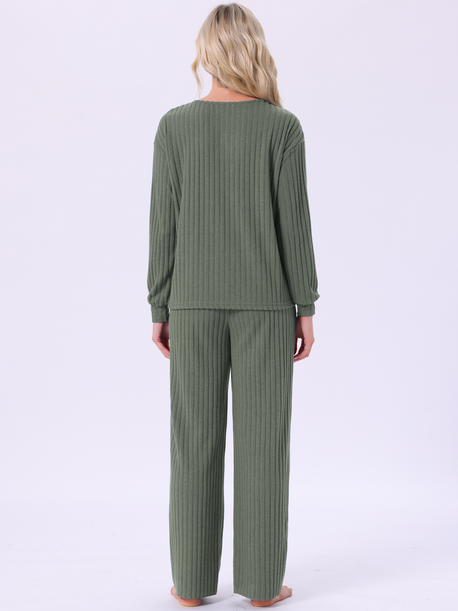 DARING DIVA Ribbed Knit Pajama 2 Piece Long Sleeve Top Pants Sleepwear M Olive Green