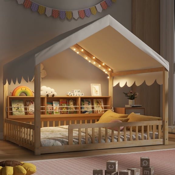 Harper & Bright Designs Full Size Floor Bed with LED Light, Wooden House-Shaped Floor Bed with Storage Bookshelves Fense and Curtain for Boys Girls, Natural Beige