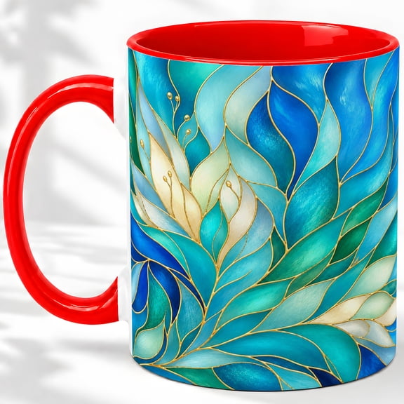 Aqua Leaf Coffee Mug, Stained Glass Botanical Art, Calm Daily Tea Sips