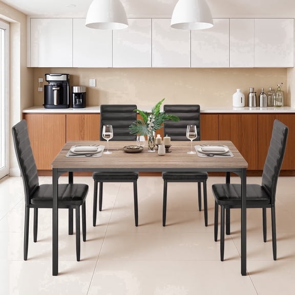 Asofer Dining Table Set for 4, Wood Dining Table with 4 PU Leather Chair for Home and Kitchen, Black