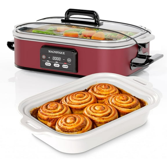 YANGLI 4-Quart Casserole Digital Slow Cooker, Ceramic Bakeware, Oven & Dishwasher Safe, Red