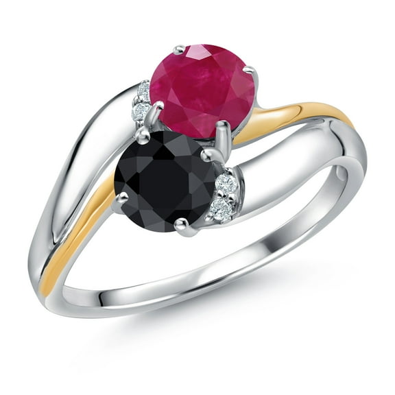Gem Stone King 925 Sterling Silver and 10K Yellow Gold Black Sapphire Red Ruby 5MM Round 2 Stone and Lab Grown Diamond Accent Ring for Women (1.27 Cttw, Gemstone September Birthstone, Size 9)