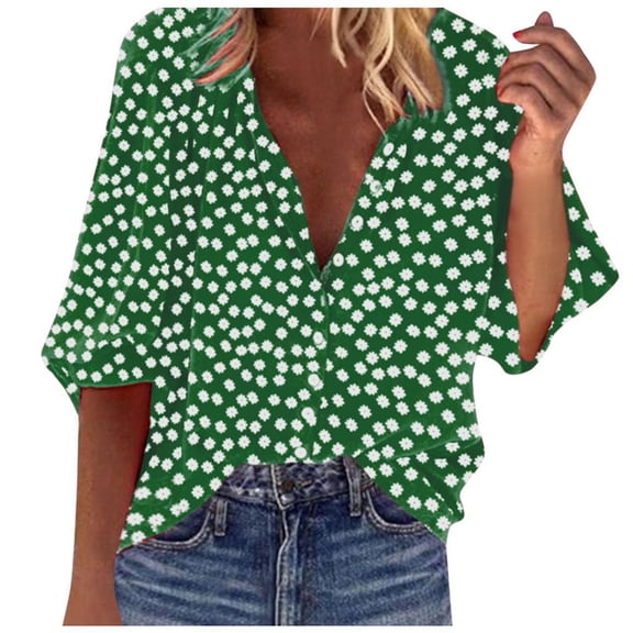 Ichuanyi Womens Fall Tops, Women Fashion V Neck Floral Printed 3/4 Sleeve Shirt Loose Blouse Top