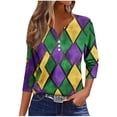 thumbnail image 3 of DDAPJ pyju Mardi Gras Tops for Women 3/4 Sleeve Henley Shirt Novelty Mask Print Tunic Tops Carnival Party Blouse Parade T-shirt Multicolor XL, 3 of 6