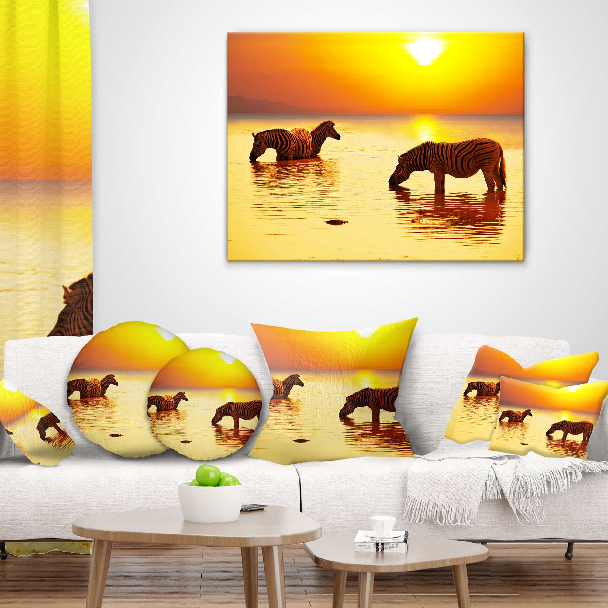 Designart Zebras Drinking in Lake at Sunset - Animals Throw Pillow - 18x18