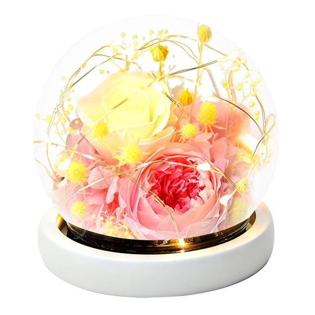 Decoración de flores eternas, rosa más cubierta de cristal de hortensia con luces, regalos navideños, regalos de cumpleaños para familiares y amigos