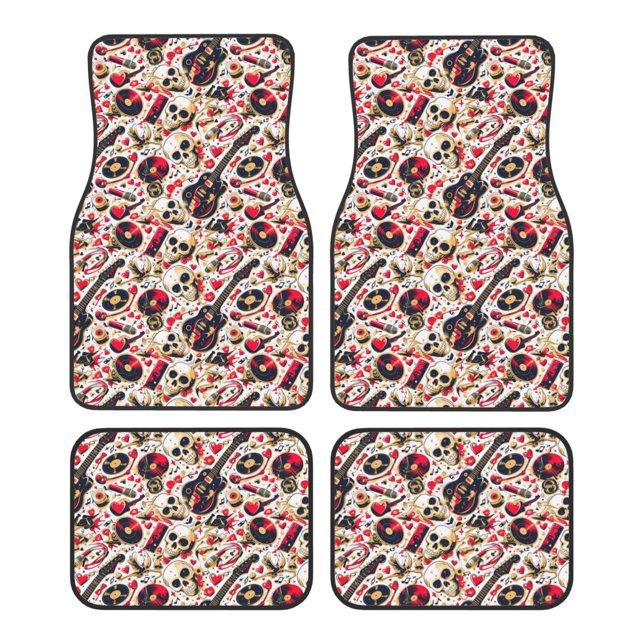 Balery Guitar Skull rock Juego de 4 Alfombrillas para Auto, Revestimientos de Caucho Resistente, Diseño Antideslizante
