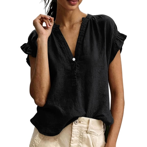 Duoif Women's Short Sleeve V Neck Blouse Cotton Linen Loose Fit Casual Summer Top 2026, Black, L