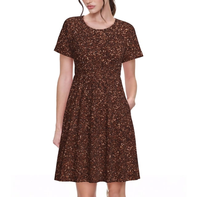 Balery Dark Brown Glitter Vestidos sueltos de manga corta para mujer, vestidos de verano 2025, vestidos casuales de corte A con vuelo.