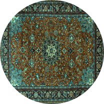 Ahgly Company Machine Washable Indoor Round Medallion Turquoise Blue Traditional Area Rugs, 3' Round
