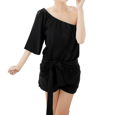 Allegra K Women's Elastic Waist Summer Playsuit Black (Size XL / 16)