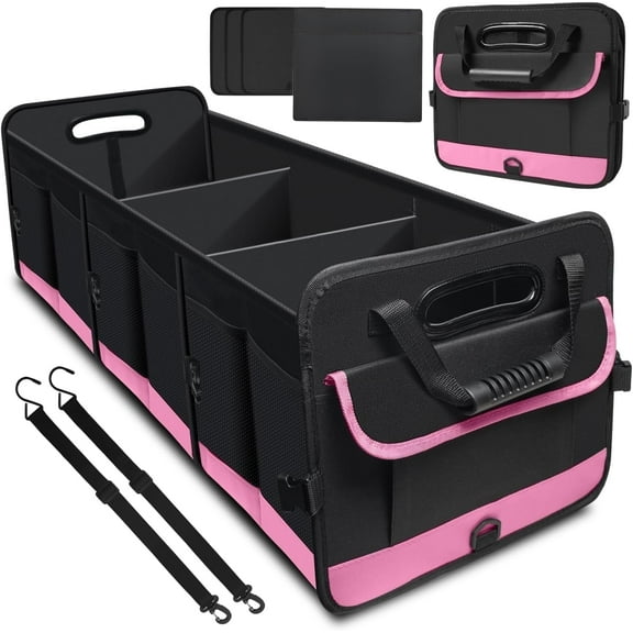 Trunk Organizer for Car, 95L Large Capacity Car Storage Organizer with Non-Slip Bottom Strips, Cargo Organizer for Suv, Truck, Sedan, Waterproof Portable Car Organizers for Women Men(Pink)